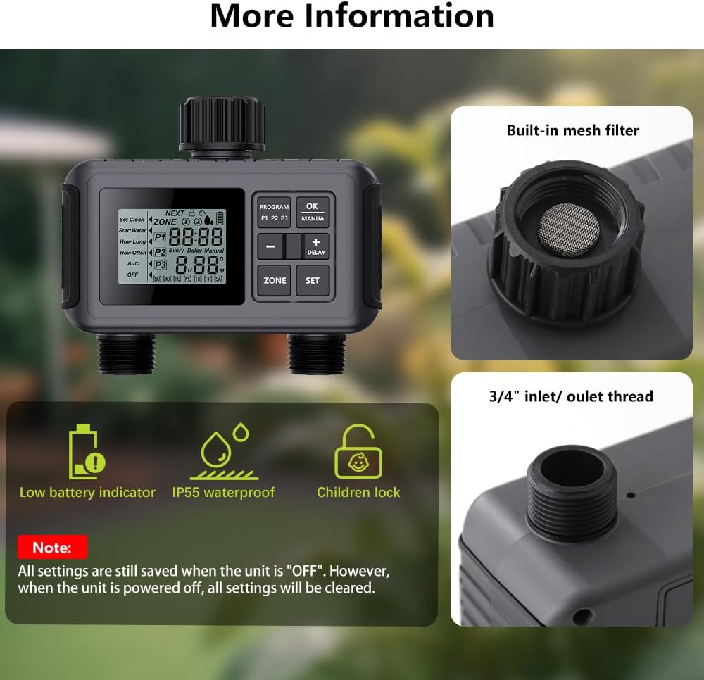 Uzoli SGW07 Sprinkler Timer, Programmable Water Timer for Garden Hose with 2 Outlets, Rain Delay, Manual, IP55 Waterproof Auto Drip Irrigation for Yard, Lawn, Pool