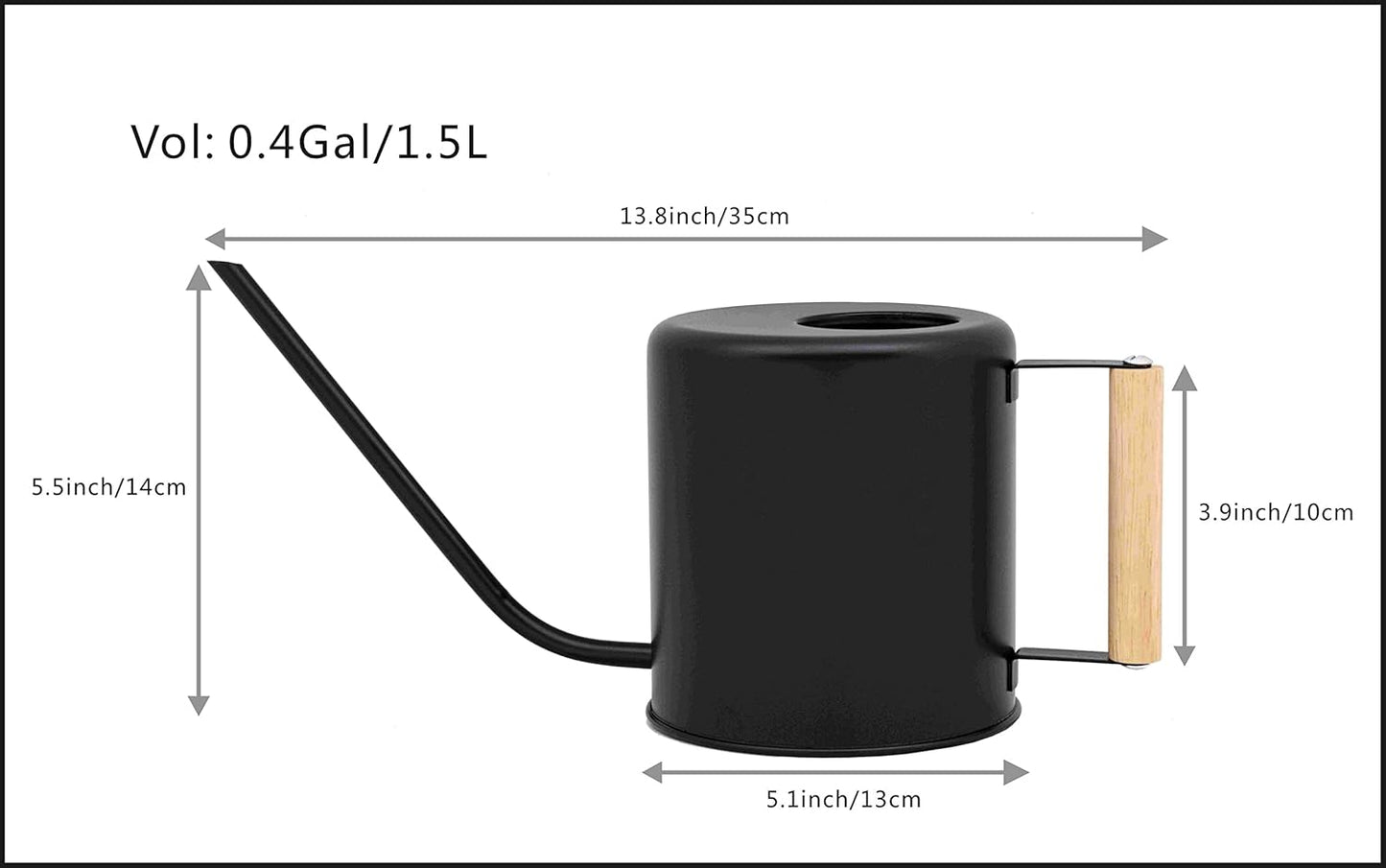 1.5 Liter Black Watering Can for Indoor Plants, House Plants, Flower Watering, Outdoor Plants - Small Metal Watering Can with Long Spout