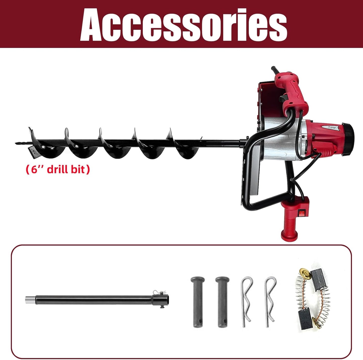 JKCHENPRO Earth Auger with Reverse Function, 1500W Electric Post Hole Digger with 6" Drill Bit, 110V Electric Powered Auger for Fence Posts, Tree Planting, Landscaping & Gardening