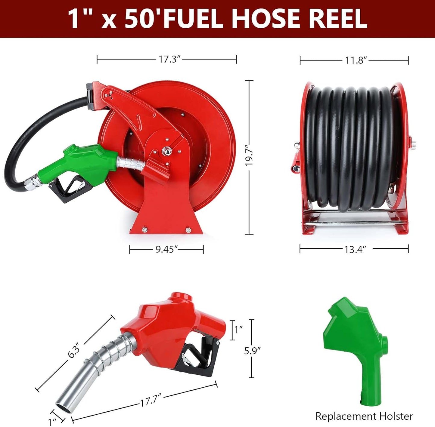 Fuel Hose Reel with Fueling Nozzle, 1" x 50FT Retractable Diesel Hose Reel, 300 PSI Industrial Heavy Duty Auto Swivel Rewind Hose Holder Reels, for Vehicle Tank Truck Trailer Ship