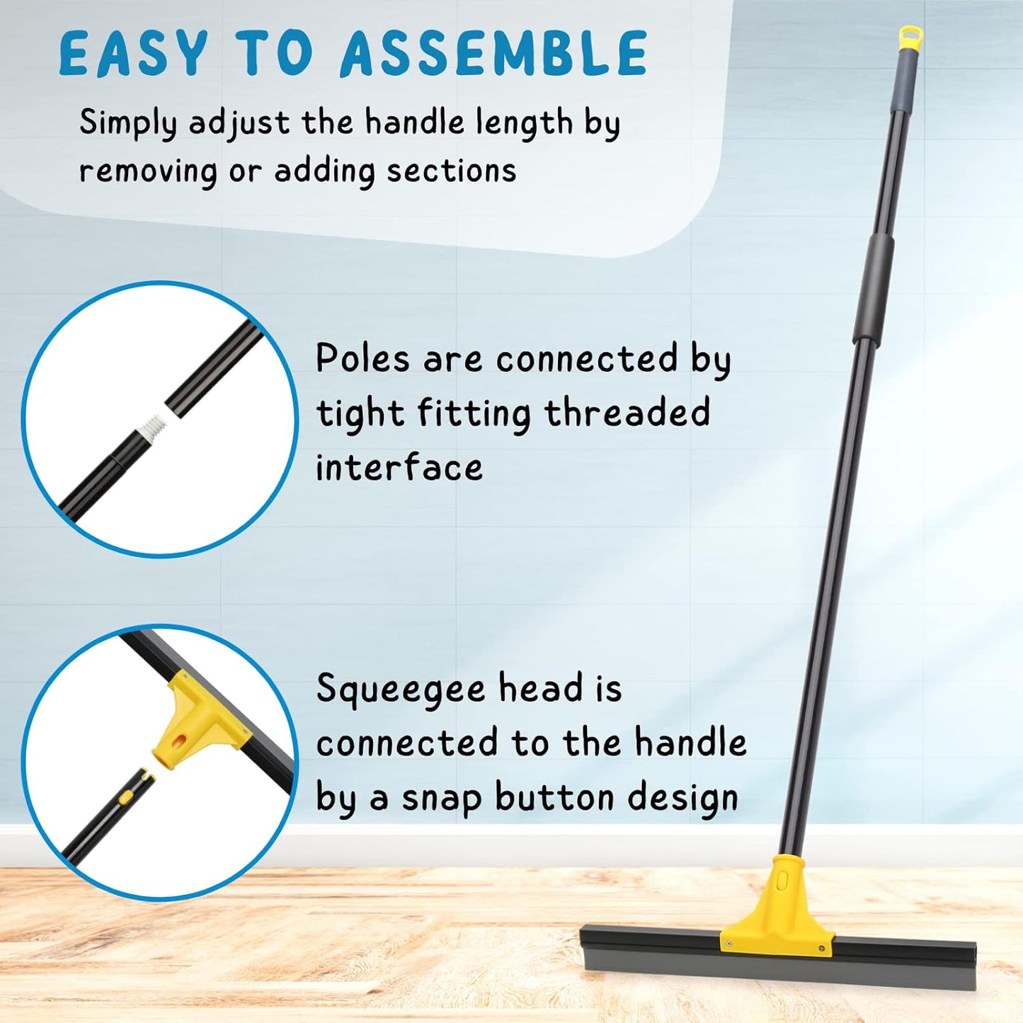 Squeegee Broom for Floor, 18'' Heavy Duty Rubber Wiper with 60'' Long Handle for Bathroom Tile, Garage Concrete, Deck, Shower Glass, Window Cleaning