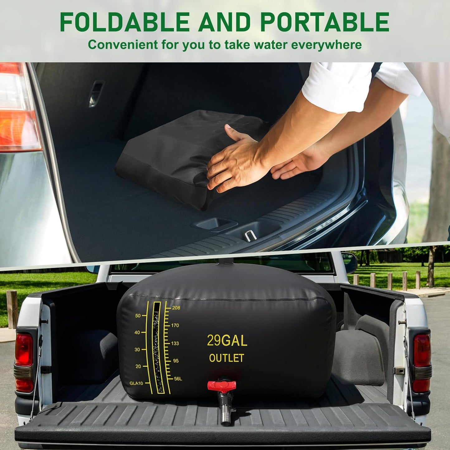 110L/29 Gal Water Bladder with Water Level Indicator, PVC Foldable and Portable Water Tank with 3 Connectors and Overflow Kit, Ideal for RV, Camping, Rainwater Collecting,Planting Watering