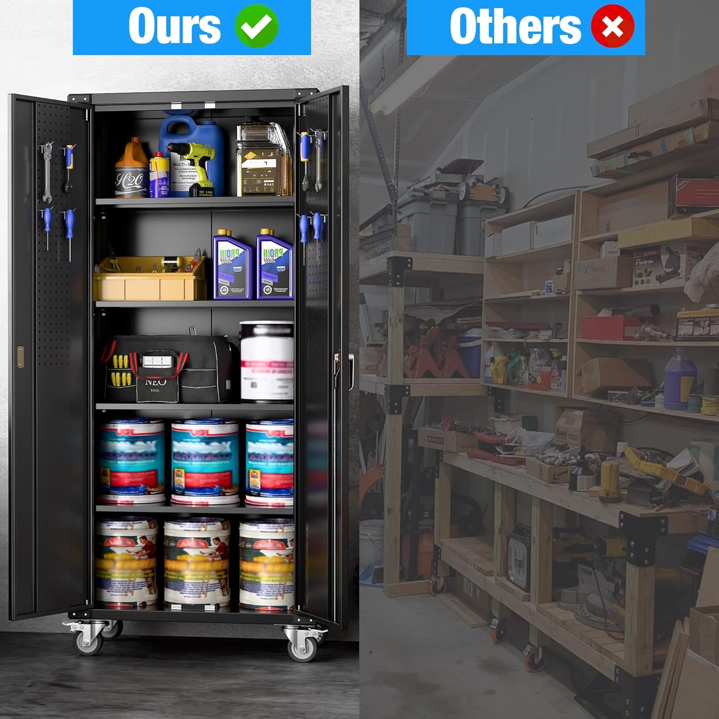 Garage Storage Cabinet with Wheels & Pegboard, 72" H Locking Metal Storage Cabinet with Doors and 4 Adjustable Shelves for Garage Workshop Home, Assembly Required, Black