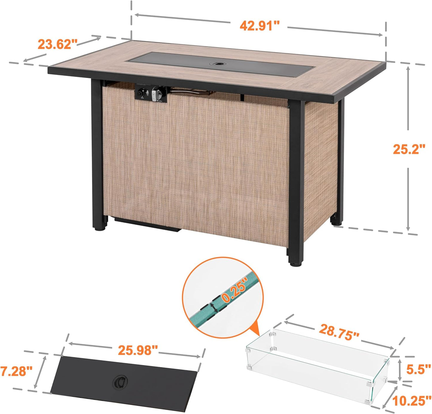 Nuu Garden 43" Propane Fire Pit, CSA-Listed Outdoor Fire Pit Table, 50000 BTU Gas FirePit with Lid, Glass Wind Guard, Glass Beads, 2-in-1 Rectangular FirePit for Outside Backyard Patio, Light Brown