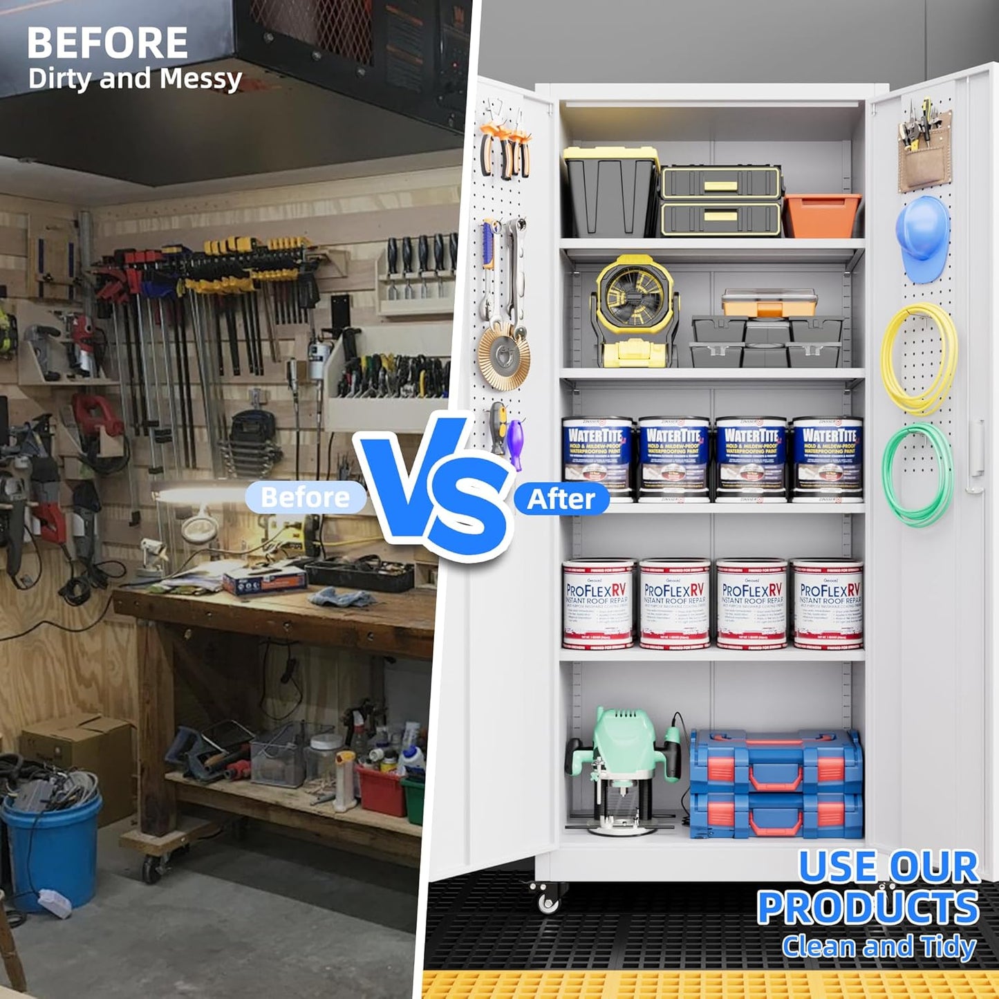 73" H Metal Storage Cabinet with Wheels, Pegboard and 4 Hooks, Garage Storage Cabinet with 4 Adjustable Shelves and 2 Lockable Doors for Garage Home Office, Basement, Assembly Required, White