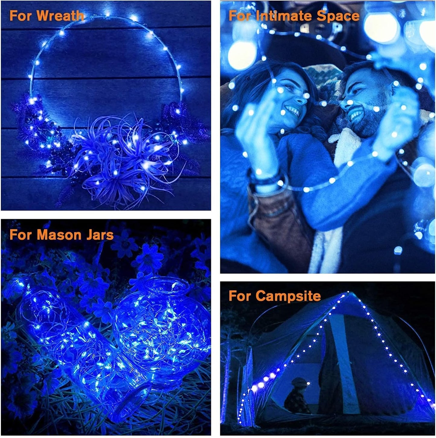QITONG Blue Solar Fairy Lights Outdoor Waterproof, 2 Pack Each 66ft 200 LED Solar String Lights, 8 Modes Silver Wire Christmas Twinkle Mini Lights