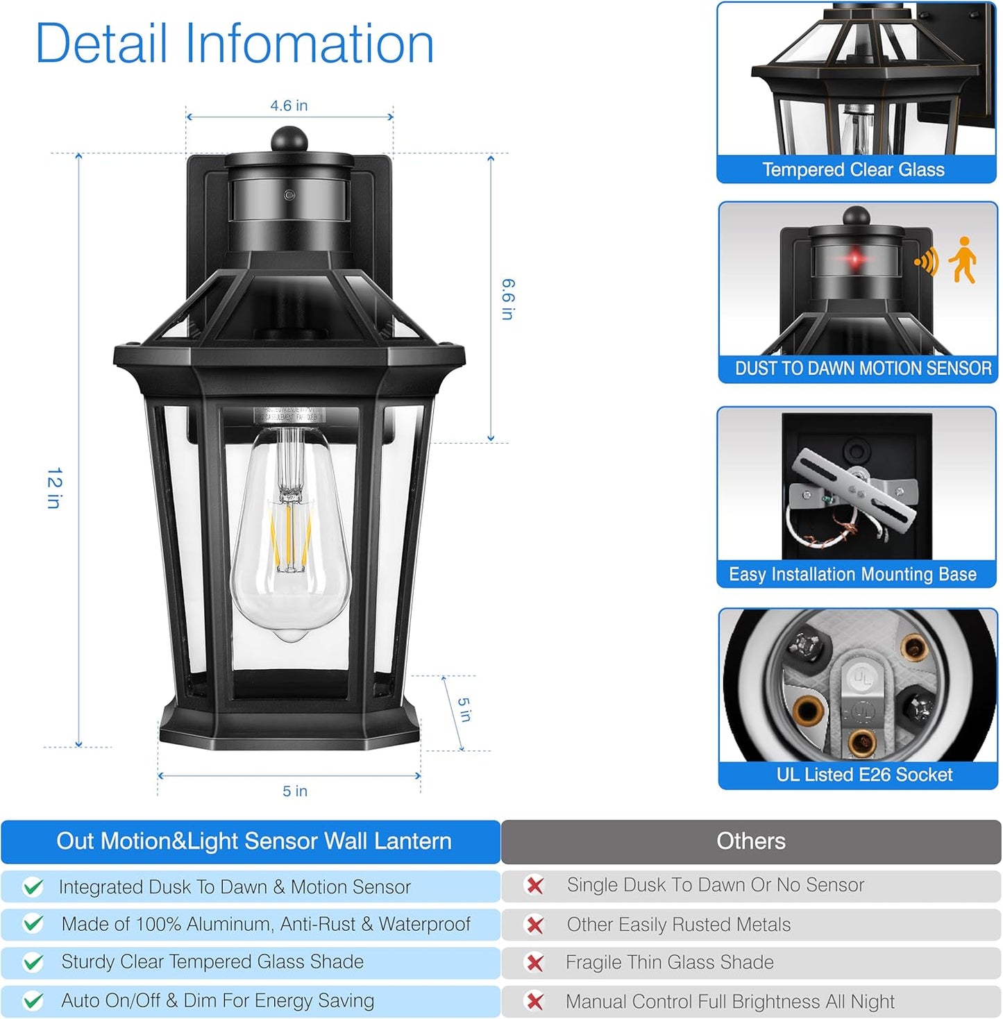 VIANIS Black 2 Pack Outdoor Lights for House, Dusk to Dawn Porch Light Lantern, Exterior Lighting for House Wall Mount, Motion Sensor Light Outside for Garage, Brightness Distance Adjustable