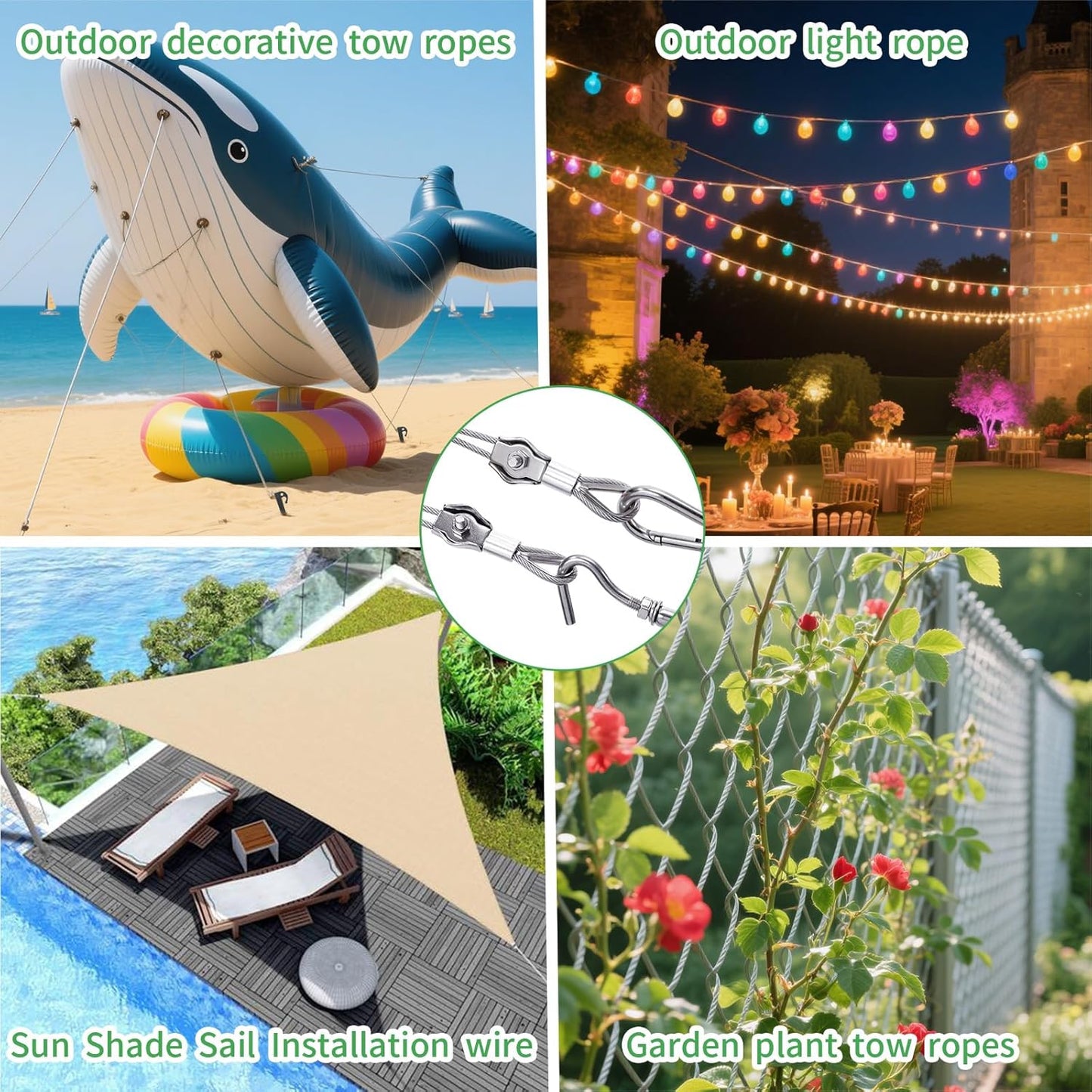 3/38" Wire Cable Rope Kit ,Vinyl Coated 304 Stainless Steel Wire – 200FT 7x7 Strand Cable with Turnbuckles,Shade Sail & Hanging Lights Hardware Kit for Outdoor, Garden,Patio, Crafts, Hanging Lights