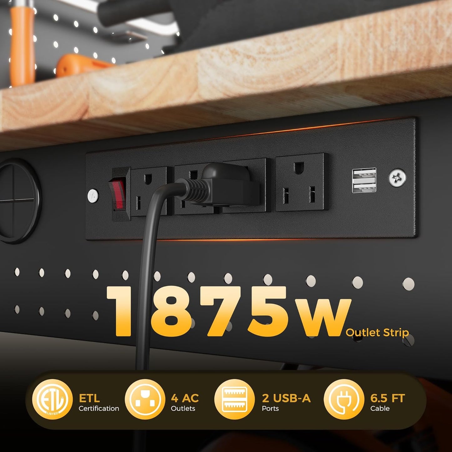 60" Work Bench Adjustable Height with Storage Shelf, Max Load 2000 LBS Heavy Duty Rubberwood Tabletop with Pegboard, LED Light, Built-in Power Strip for Woodworking Shop, Garage, Home