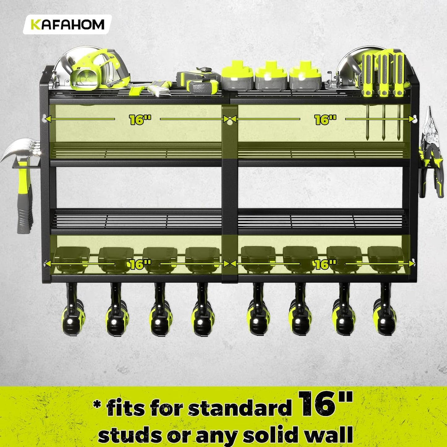 KAFAHOM Power Tool Organizer-8 Drill Holder Wall Mount,4 Layer Heavy Duty Metal Power Tool Storage Rack,Garage Tool Organizer and Storage with Screwdriver Holder/Plier Holder/Hammer Holder