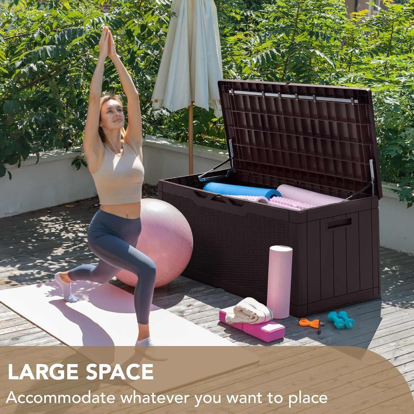 Devoko 100 Gallon Deck Box, Waterproof Resin Outdoor Storage Box with Cushion for Outside and Patio, Large Outdoor Storage Bench Cabinet Lockable for Patio Furniture and Garden Tools (Deep Brown)