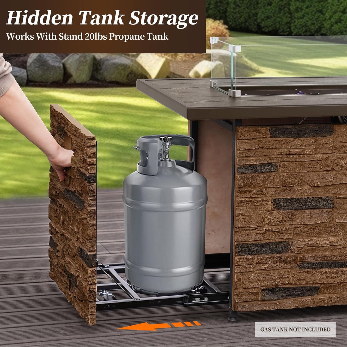 43ā Propane Fire Pit Table Outdoor Rectangular Stone Firepit Table 50,000 Btu Propane Fire Tables for Outside Patio with Glass Wind Guard, Lid, Fire Glass Beads,Brown Rock Look