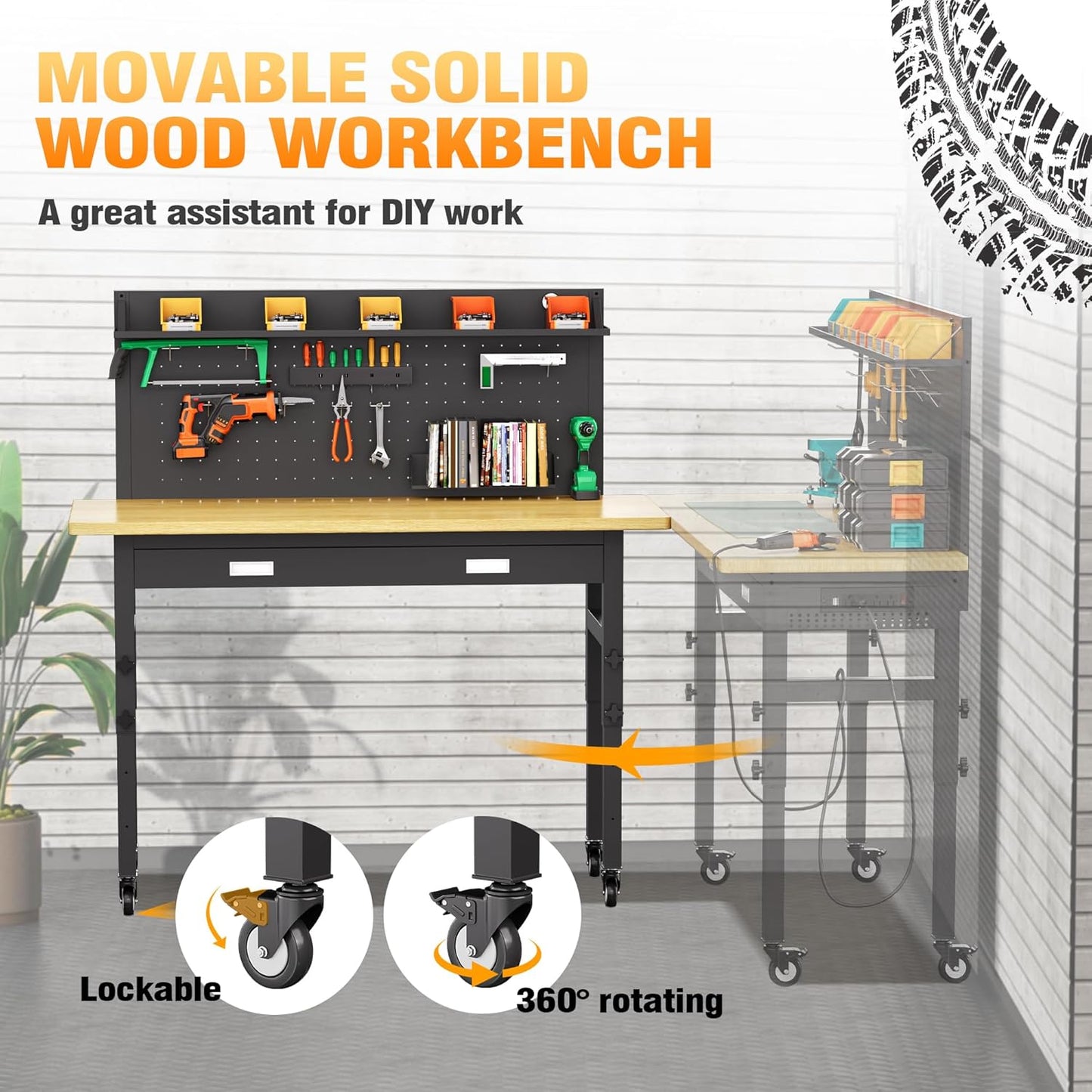 TITIMO 60" Adjustable Workbench with Drawers, Work Benches for Garage with Pegboard, 2000 LBS Heavy Duty Rubber Wood Tabletop with Power Outlet, Rolling Work Table with Wheels for Workshop, Office