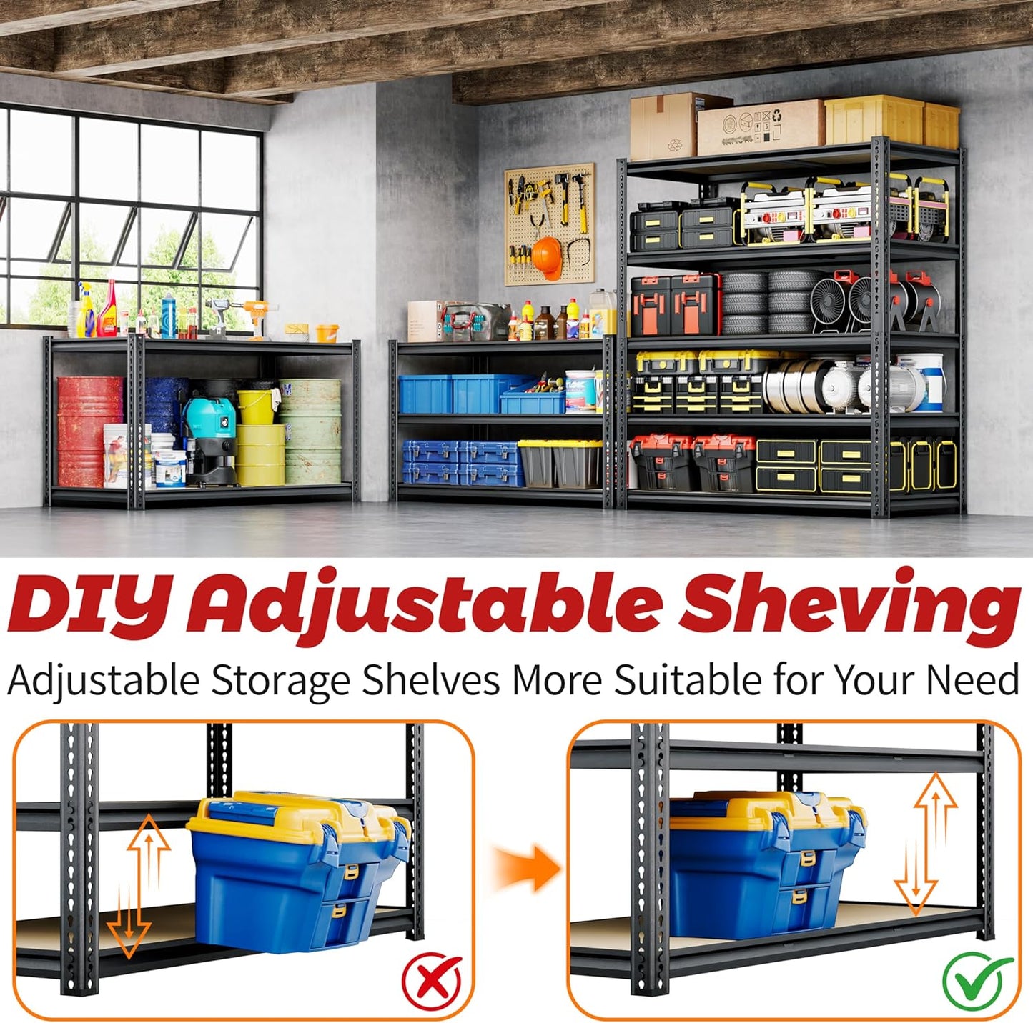 72"H Storage Shelves heavy duty, 2000LBS Garage Shelving, 5 Tier Metal Shelving Unit Adjustable Garage Shelves Rack Shelf for Storage Warehouse Pantry Closet,35.6" W × 16" D × 72" H, Black, 2PCS