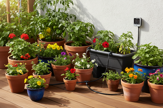 Modern drip irrigation system watering container garden with various potted plants on sunny patio deck