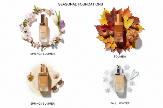 Foundation bottles with seasonal elements representing spring, summer, fall, and winter beauty routines