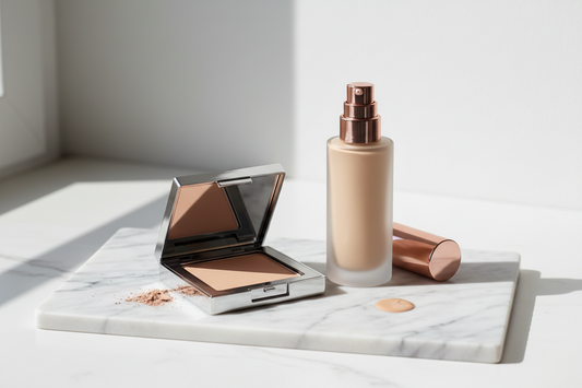 Powder foundation compact and liquid foundation bottle side by side comparison for makeup guide