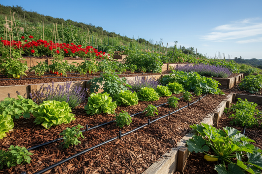Terraced sloped garden with drip irrigation system preventing water runoff
