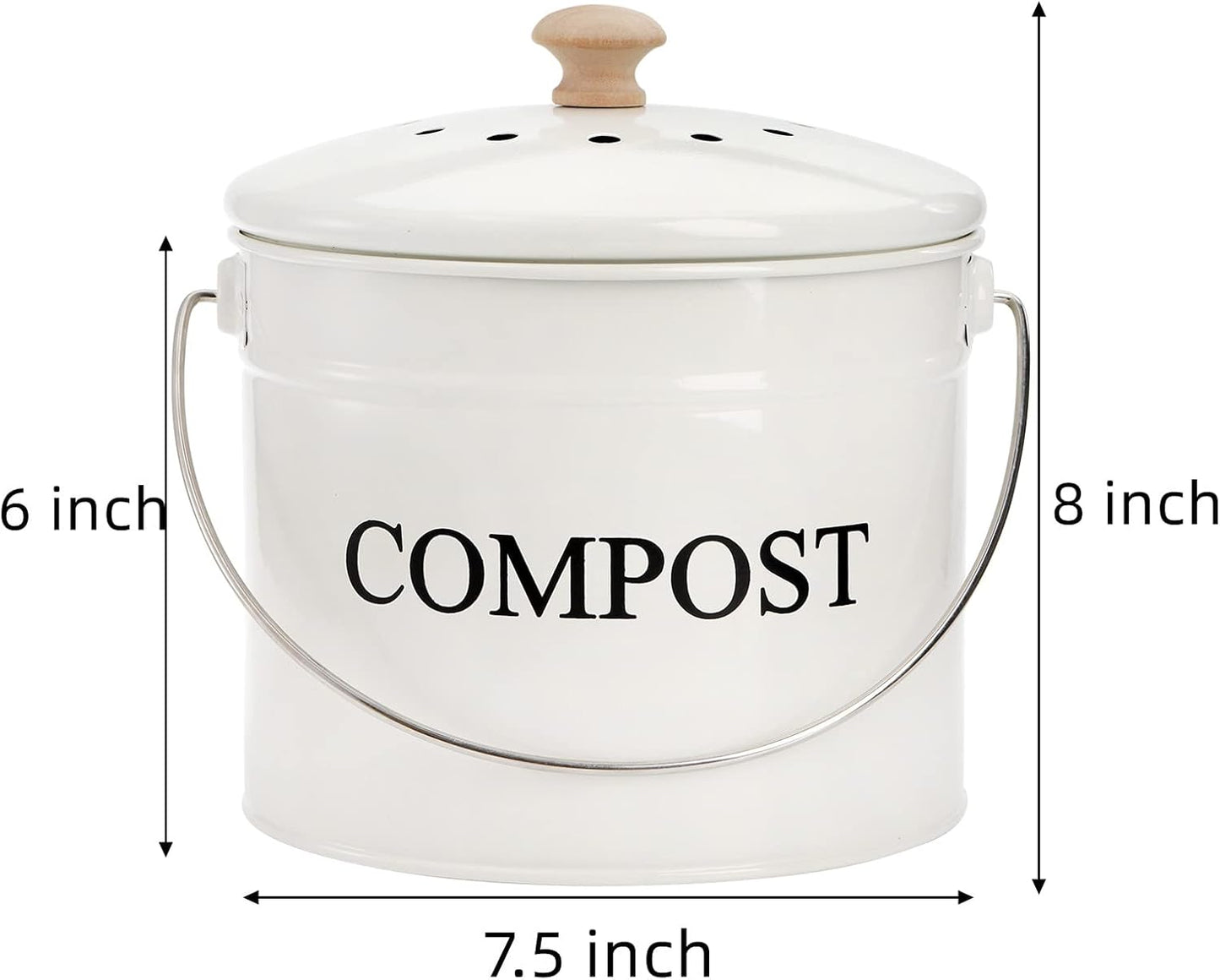 AVLA Compost Bin Kitchen Countertop, 1 Gallon Composter Pail, Food Waste Composting Bucket, Odorless Trash Keeper Container, White Scraps Caddy with Charcoal Filter, Carrying Handle, Lid