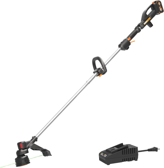 WORX Cordless String Trimmer, 20V 13''-15'' Weed Wracker with Brushless Motor 2.0, 21 cc Gas Equivalent, Quick-Line Reloading, Includes 20V 5.0 Ah PowerShare Pro Battery and Charger, PowerShare