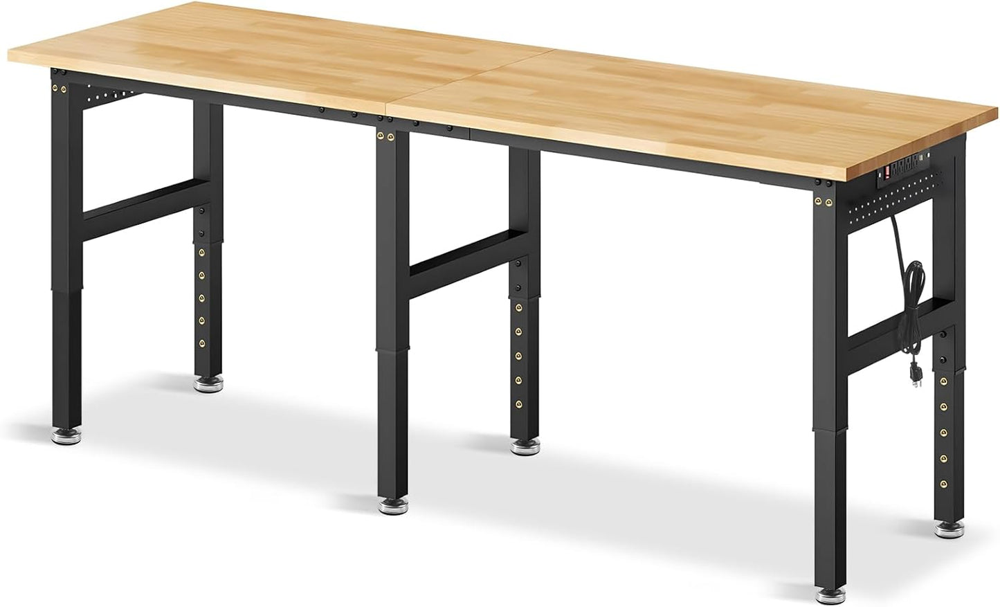 84” Adjustable Height Workbench, 5000 LBS Heavy Duty Table Rubber Wood Workstation with Power Outlet & Pegboard for Office, Garage,Workshop,Commercial,Home