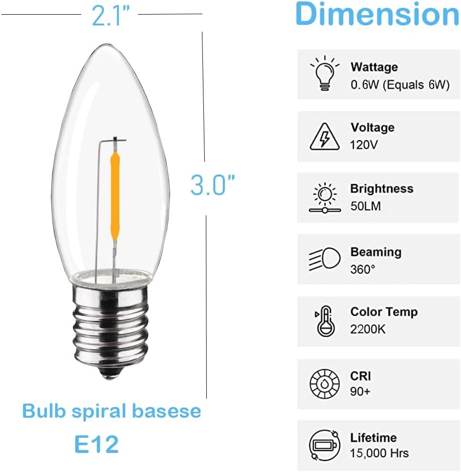 C9 Christmas Replacement LED Light Bulbs,E17 Base Commercial Grade Holiday Bulbs, 4W 5W 6W 7W Incandescent Equivalent, Warm White 2200K, Clear Plastic Bulbs for Christmas String Light - 50 Pack