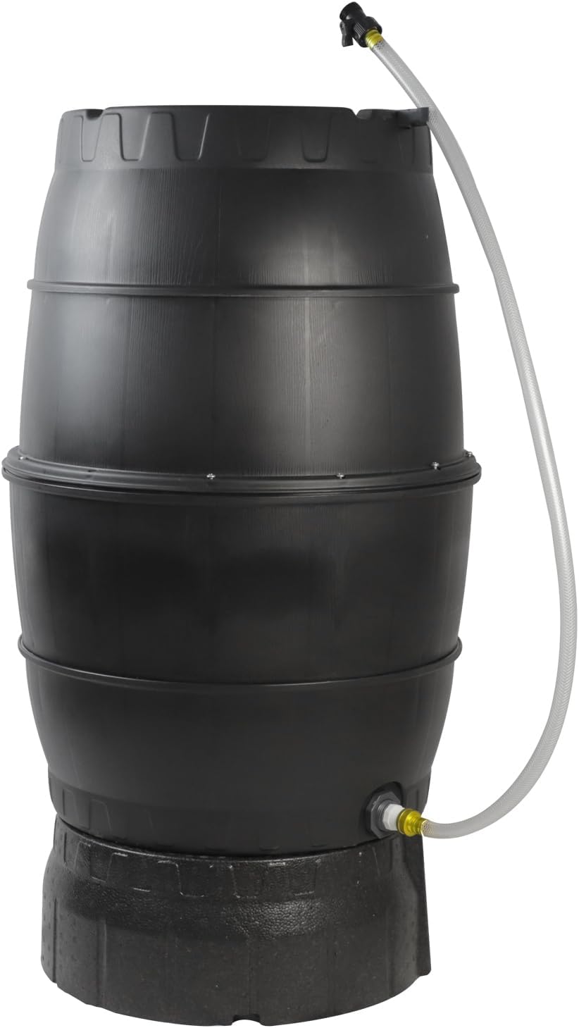 SQUEEZE master 50 Gallon Rainwater Collection Barrel with Stand-BPA Free Home Rain Catcher with Outlet Hose-Flatback Designed Water Storage Collection Barrel for Gardens and Plants