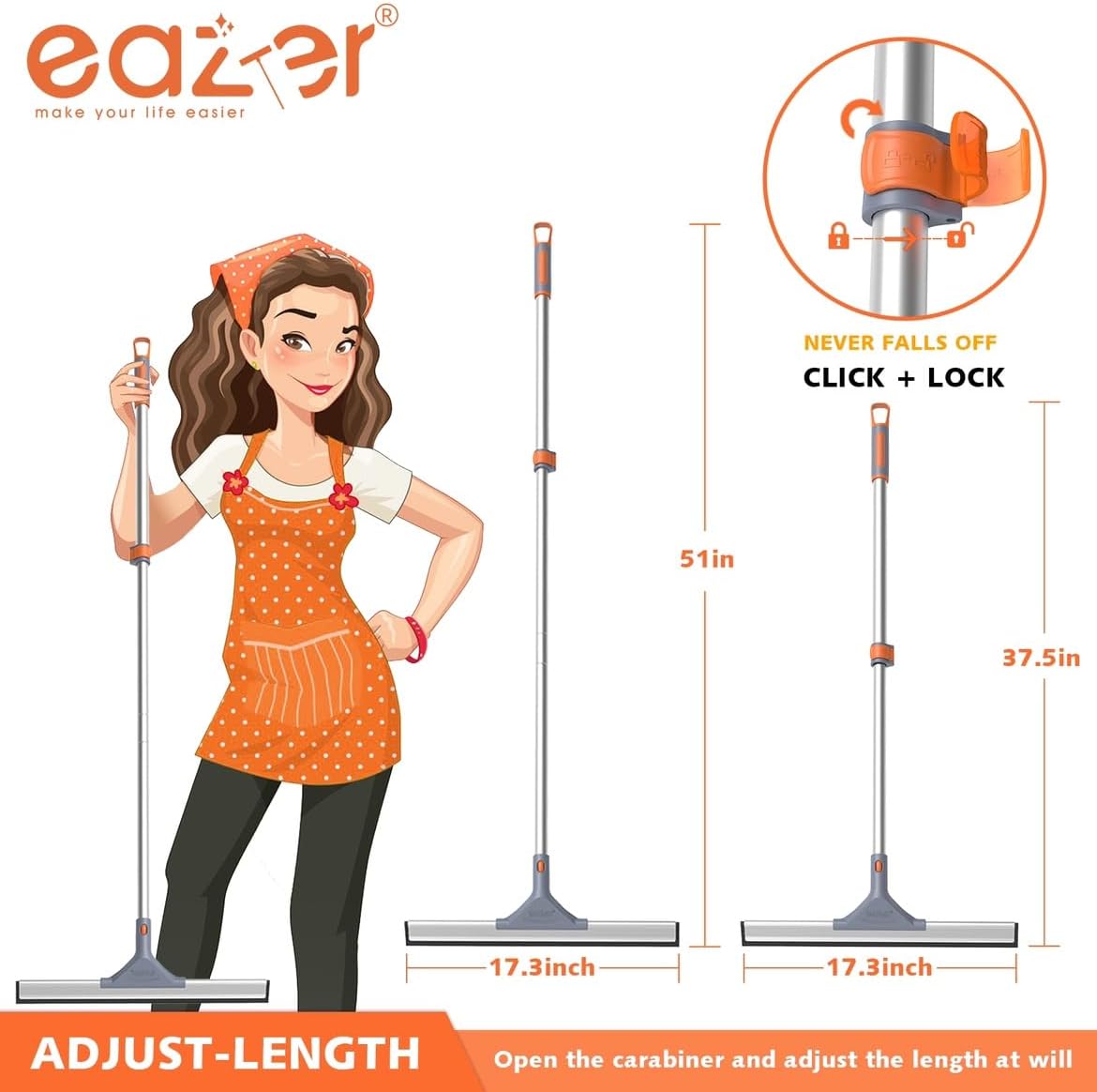 Eazer Floor Squeegee Broom: Heavy Duty Scrubber with Extendable 50.3'' Aluminum Pole and Rubber Blade for Kitchen, Swimming Pool, Concrete Floors,Shower,Tiles,Garages,Windows,Glass,Pet Hair Removal