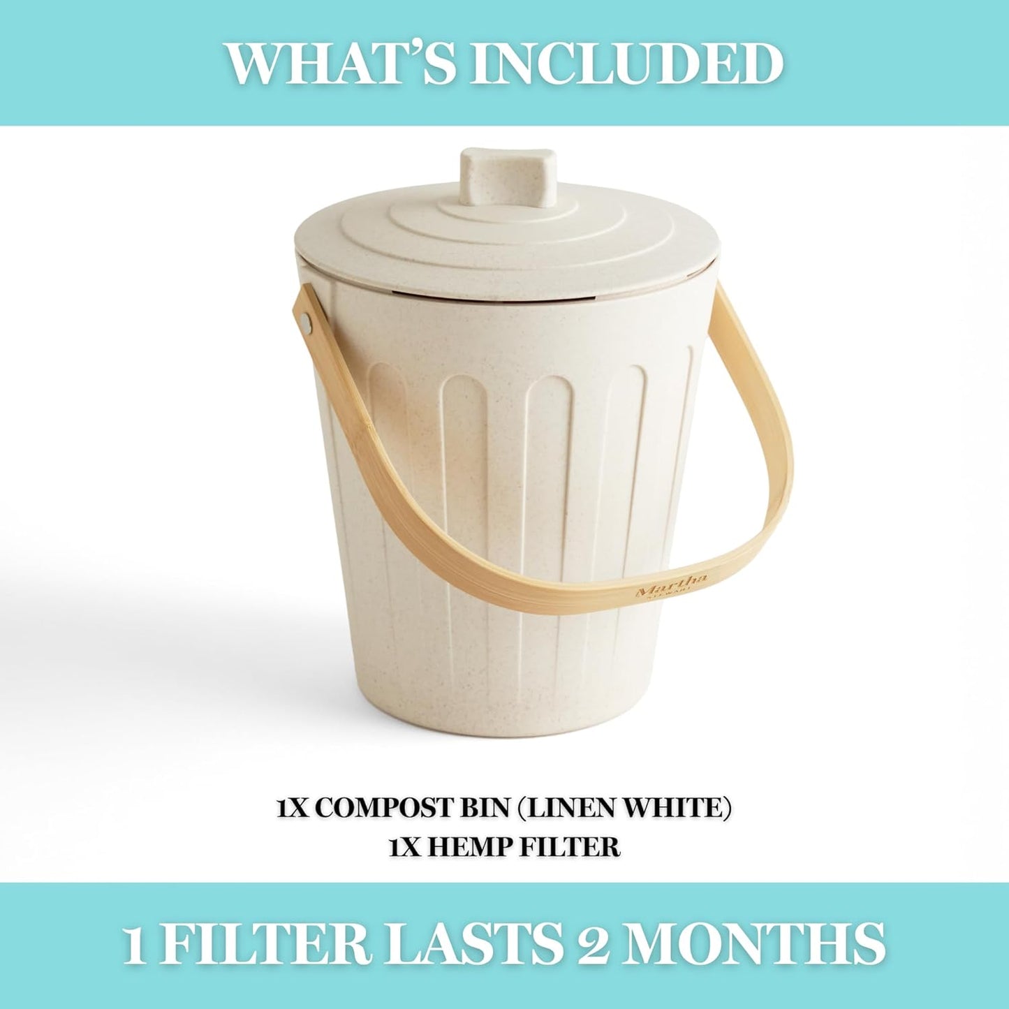 Martha Stewart Indoor Compost Bin | Countertop Composting Bucket for Kitchen | .7 Gallon Capacity | Includes Filter | Plant Based Materials | Linen White