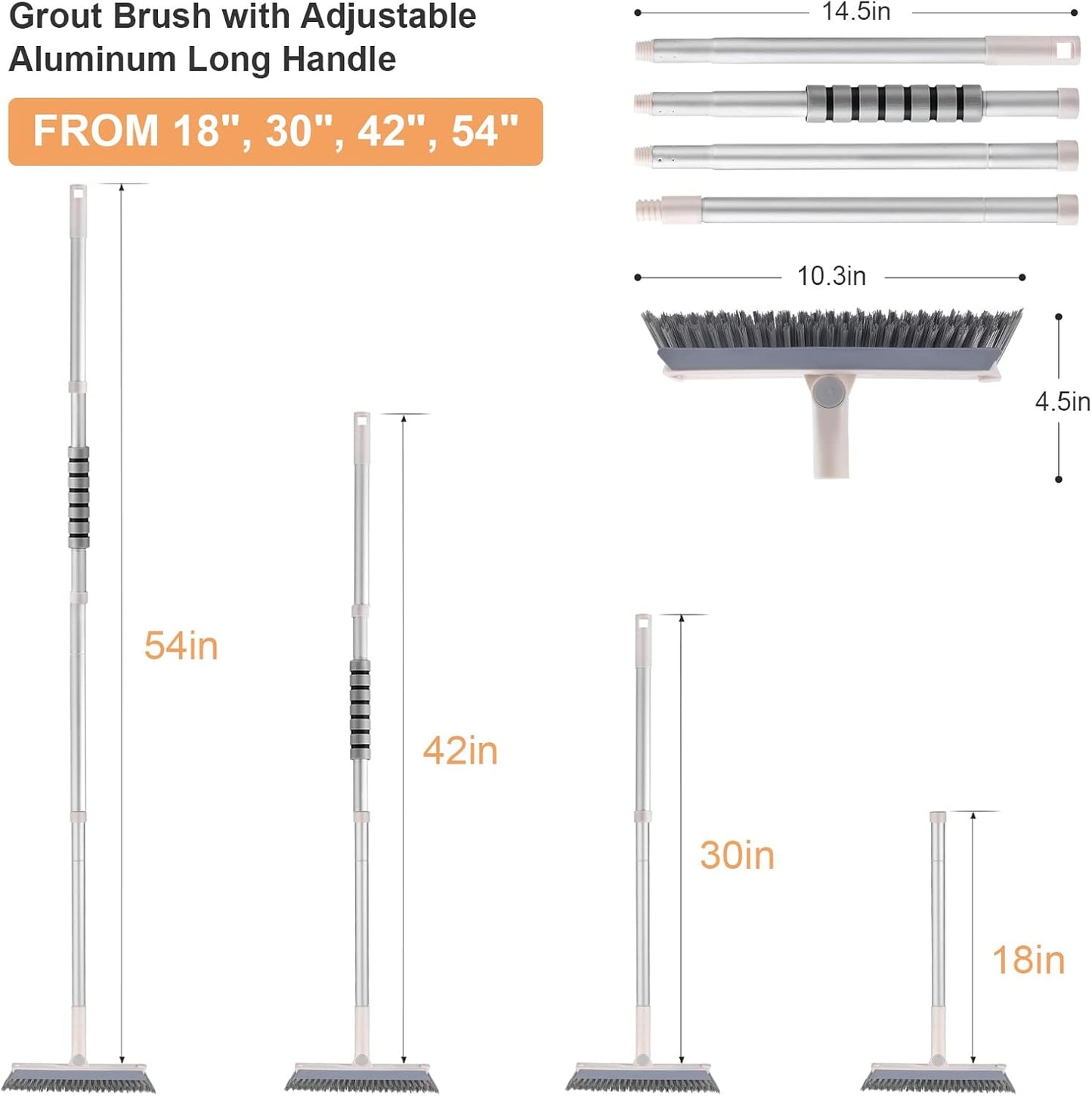 Grout Brush with Long Handle, 2 in 1 V-Shaped Floor Scrub Brush for Cleaning, Bathroom, Garage, Wall, Patio, and Tile, Stiff Bristle Brush with 54'' Telescopic Handle