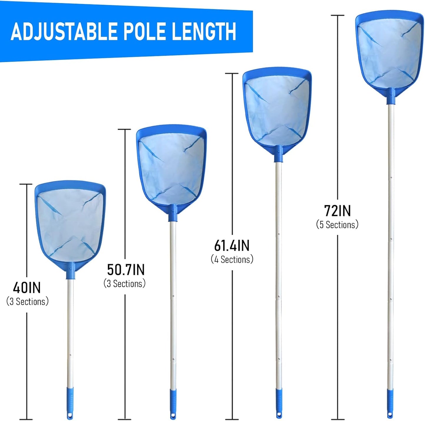 Poolvio Swimming Pool Leaf Skimmer Net, with 5 Sections Telescopic Aluminum Pole & Nylon Medium Fine Mesh Pool Net, Pool Cleaning Tool for Removing Leaves & Debris