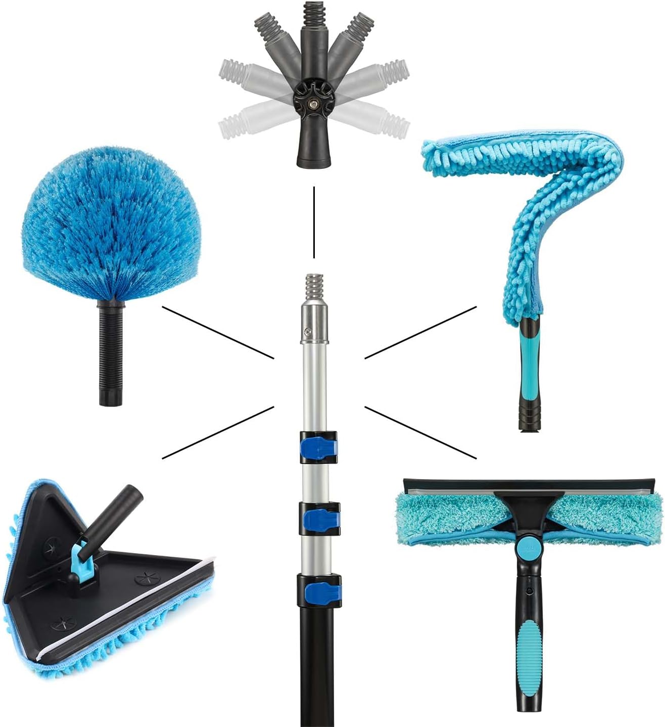 16 Feet High Ceilings Baseboard Wall Cleaner Mop with 8 Ft Extension Pole, Cobweb Duster, Window Cleaning Squeegee Kit (8ft)