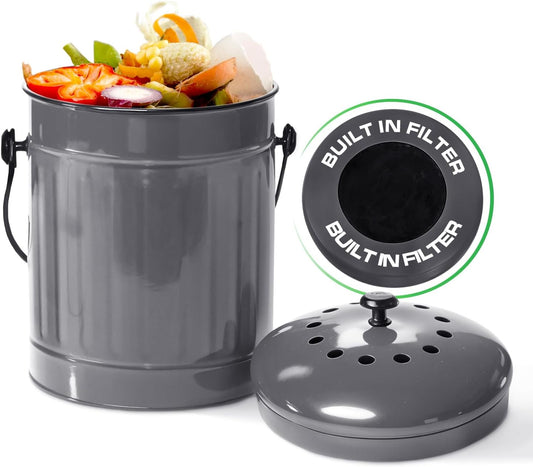 Plexon Countertop Compost Bin Kitchen with Lid, Gray 1.5 Gallon Odorless Container, Steel Food Compost Bucket for Kitchen with Charcoal Filter, Compost Pail for Countertop