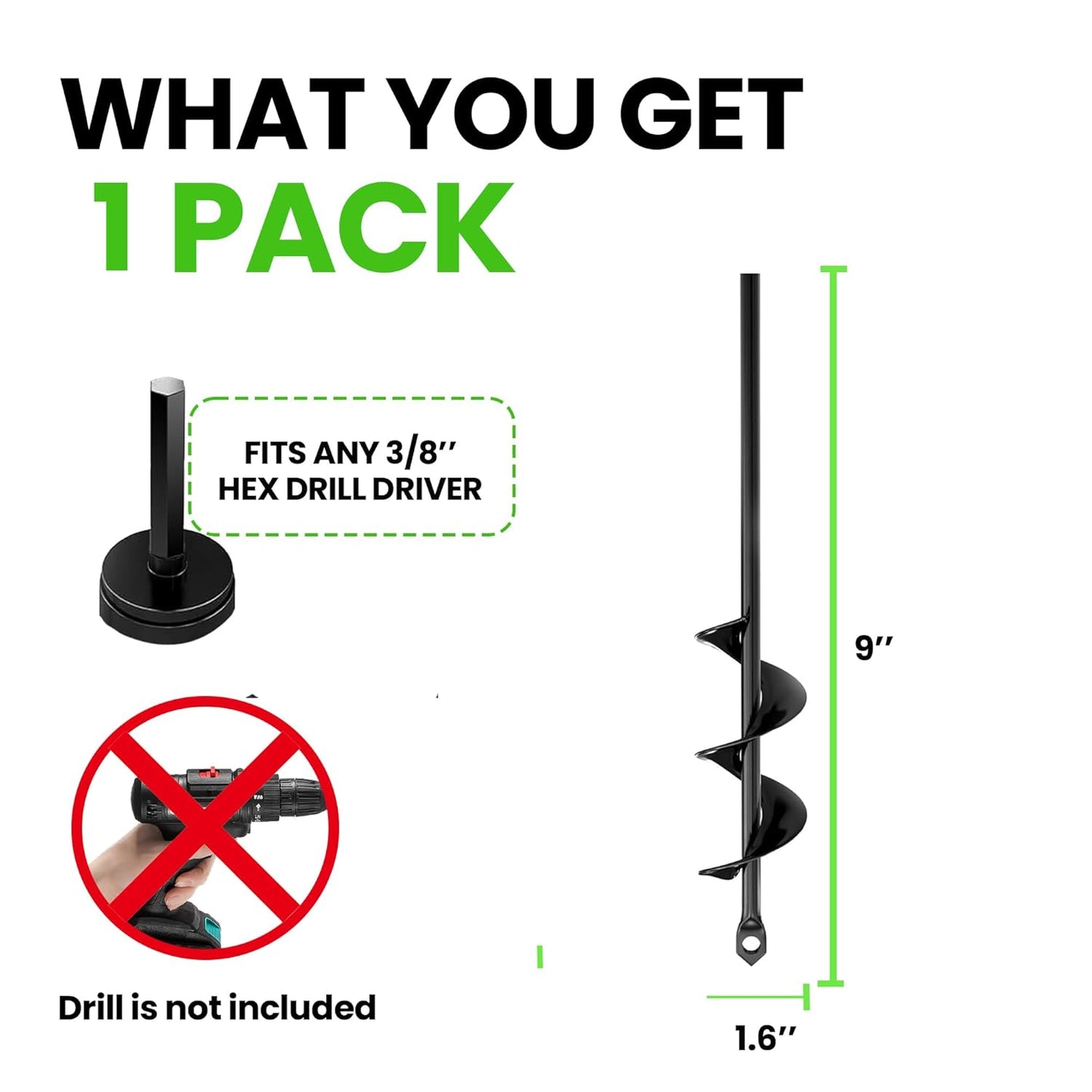K-Brands Auger Drill Bit for Planting – 1.6 x 9 Inch - Spiral Hole Planter for Bulbs, Bedding Plants, and Umbrella Holes - 3/8 Inch Hex Drive