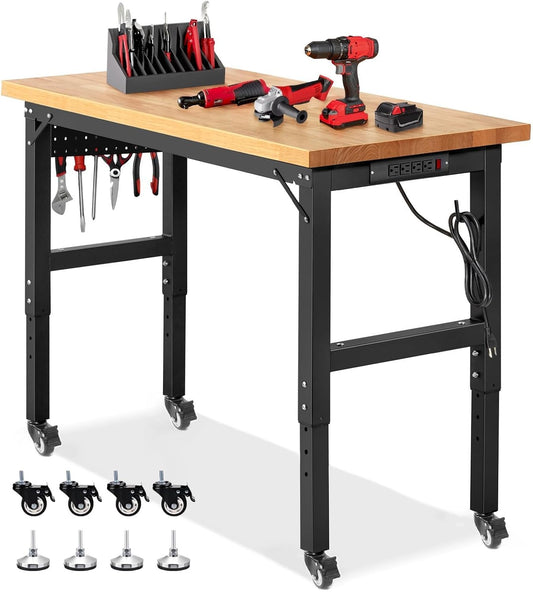 Work Bench with Wheels 48 x 20 Inch Heavy Duty Rubberwood Tabletop Garage Workbench Adjustable Height Work Table with Pegboard, Power Outlets for Woodworking Shop, Home, Office
