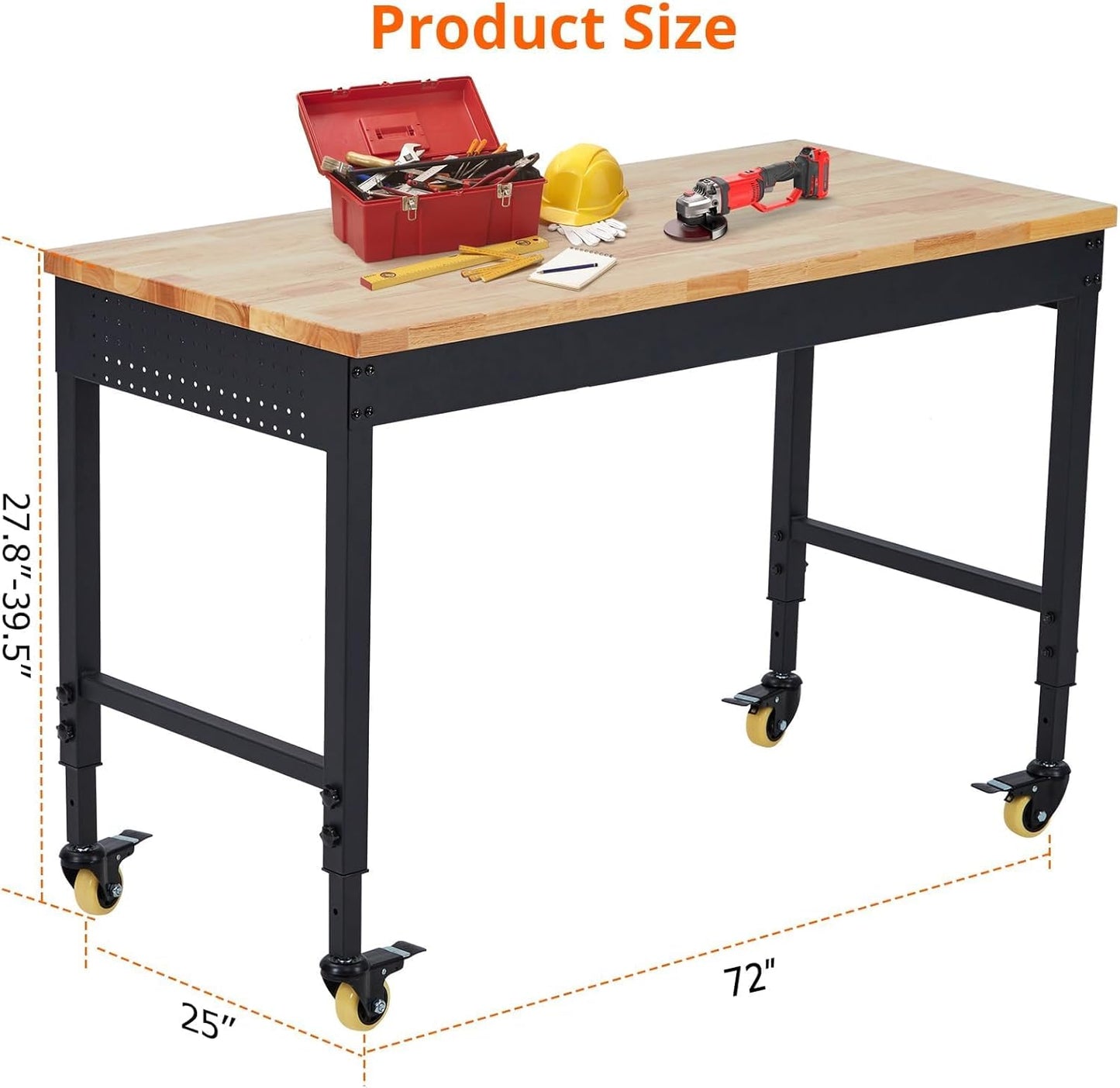 75'' Adjustable Workbench on Wheels, 2000LBS Heavy Duty Worktable with Power Outlets, Rubberwood Workstation for Workshop, Garage, Office, Home