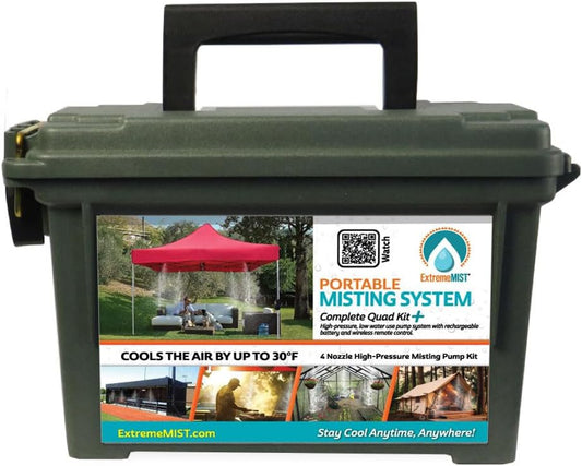 ExtremeMIST Professional Grade Portable Misting System PLUS - 4 Mist Nozzles | Easy Setup | 20 ft Portable Misting Line w/ 170 psi battery operated pump | Cools the air up to 30°F (17°C)! Easy to Move