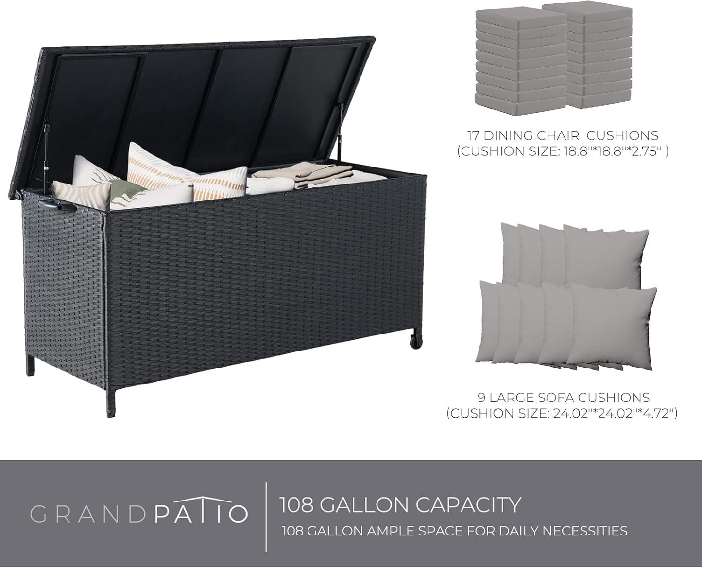 Grand patio 108 Gallon Deck Storage Box Indoor Outdoor Wicker Bin for Patio Furniture Cushions Garden Tools Pool Accessories, Black