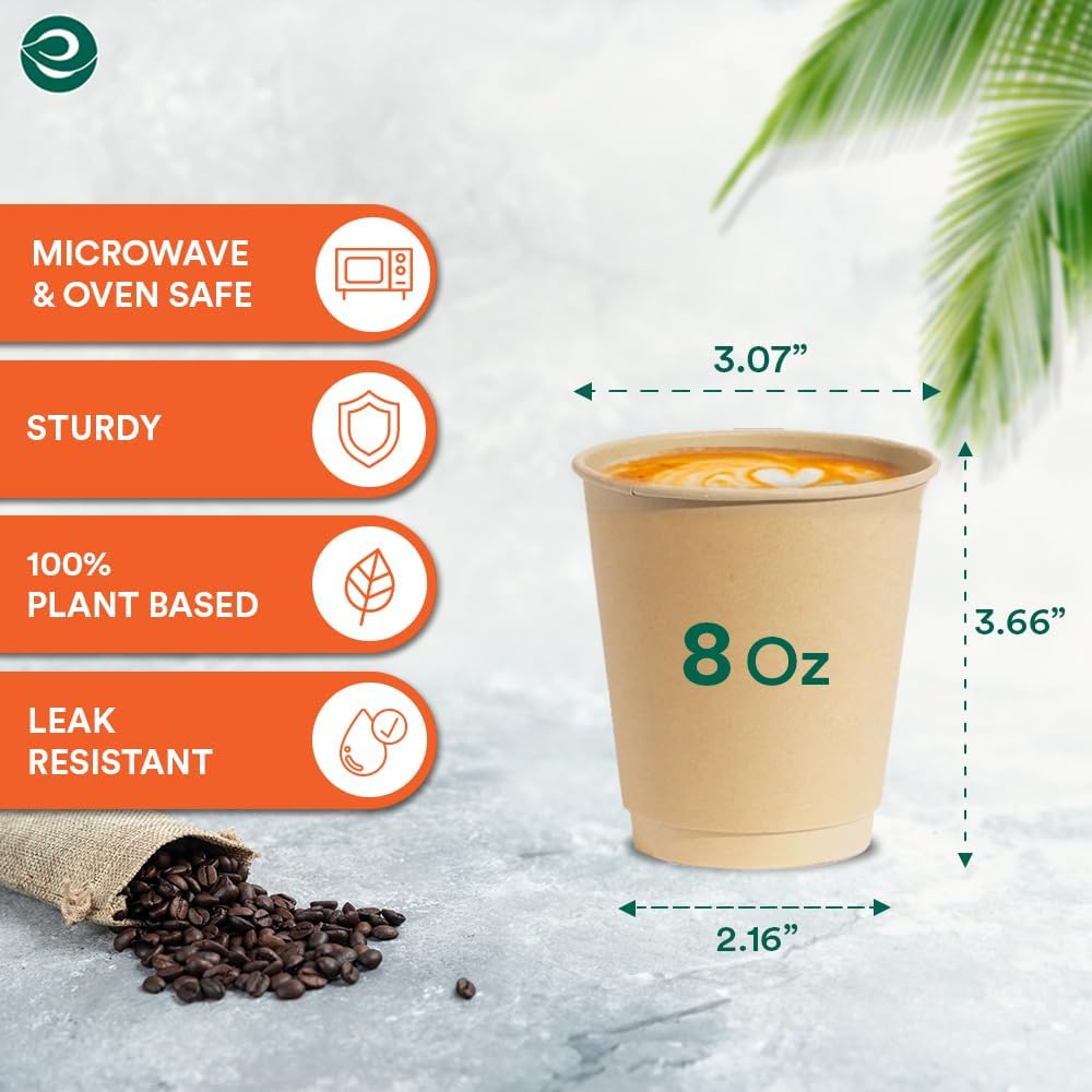 ECO SOUL 100% Compostable Plant-Based 8oz Hot Cups | (50 Count, 8 oz Hot Cups) | Disposable Bagasse Paper Cups | Eco-friendly Cups | Sturdy, Microwave & Oven Safe