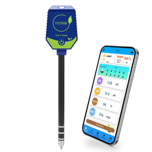 pH Moisture Meter Smart Soil Test Kit Garden pH Meter Hygrometer pH Conductivity Meter for Hydroponic 8 in 1 Farm pH Moisture pH Moisture EC Fertility Salt Sunlight Air Humidity Temp Tester