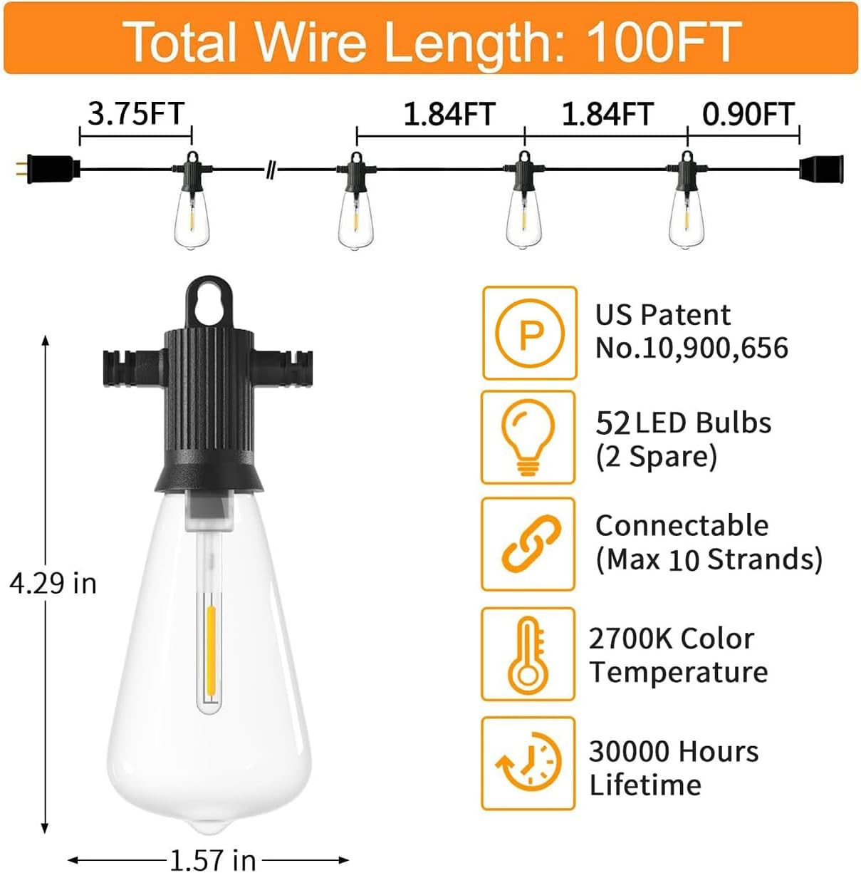 ZOTOYI Outdoor String Lights 100 FT, Waterproof IP65 LED Patio Lights with 52 ST38 Shatterproof Bulbs(2 Spare), Dimmable String Lights for Outside, Cafe, Bistro, Backyard, Garden Warm White