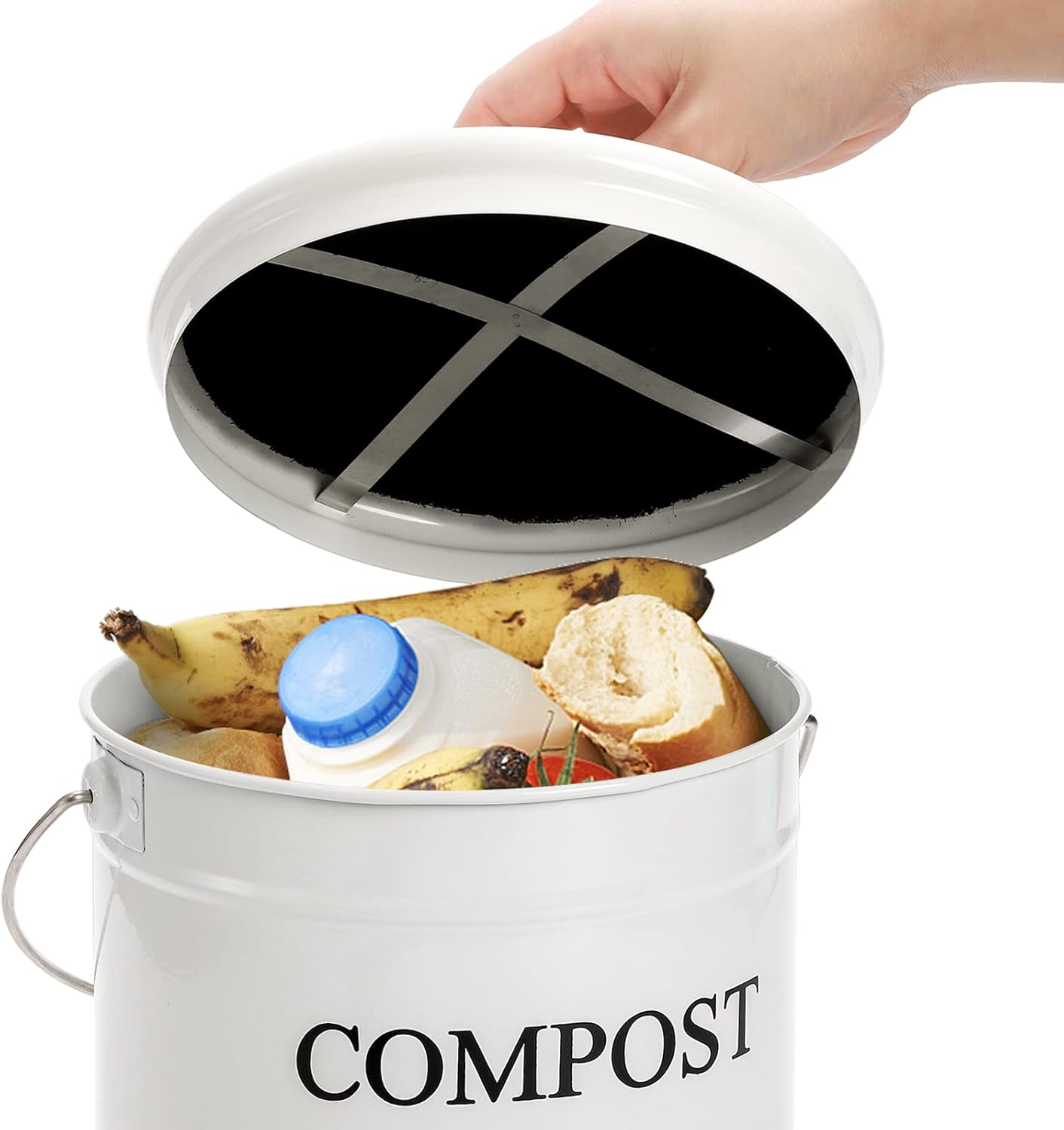 AVLA Compost Bin Kitchen Countertop, 1 Gallon Composter Pail, Food Waste Composting Bucket, Odorless Trash Keeper Container, White Scraps Caddy with Charcoal Filter, Carrying Handle, Lid