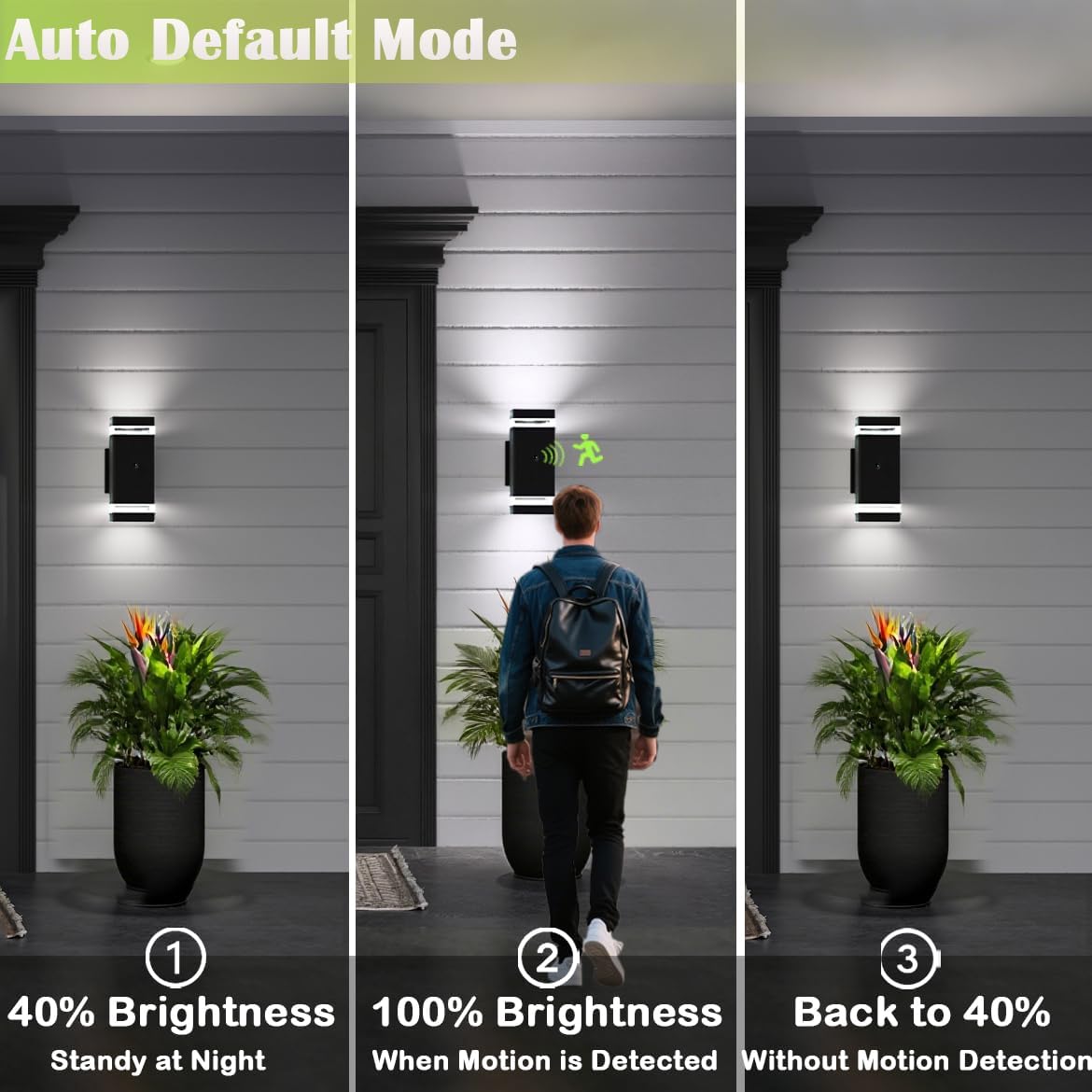 Motion Sensor Outdoor Wall Lights, Dusk to Dawn Exterior Light Fixtures with 3 Modes, Modern Up Down Wall Sconce, Waterproof Aluminum Porch Light for Garage, Patio, Front Door