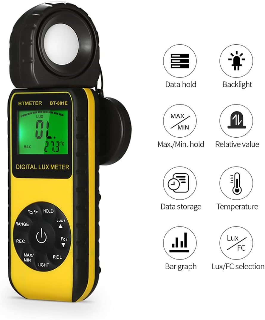 BTMETER BT-881E Digital Illuminance/Light Meter, Measure Lights 0.01~300,000 Lux (0.01~30,000 FC) Foot Candles, Par Meter Luxmeter for Plants Aquarium Light Tester
