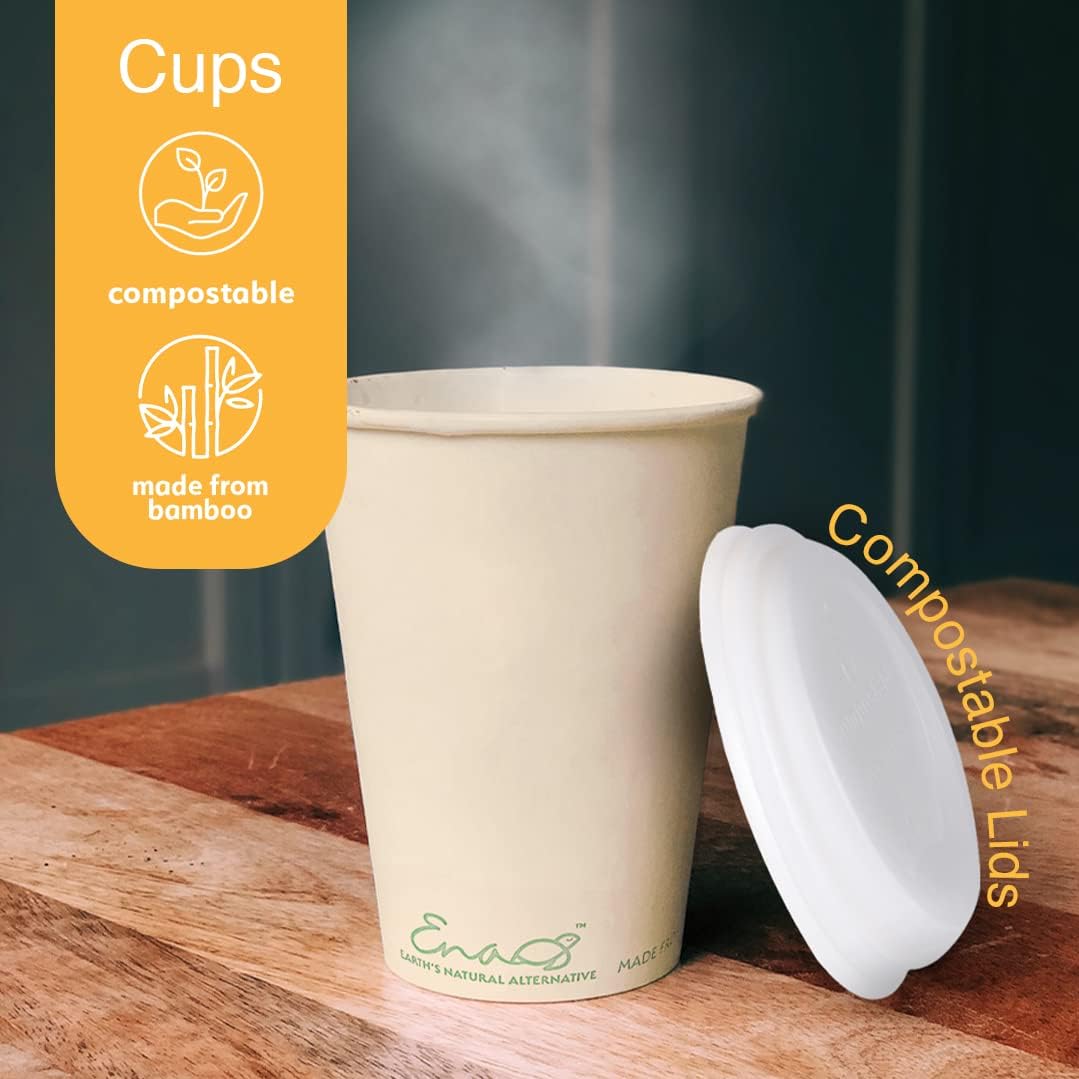 Earth's Natural Alternative 100% Compostable Disposable Coffee Cups with Lids [12oz 80 Set] Paper Cups Made from Unbleached Bamboo Fiber, Compostable Lids, To Go Coffee Cups with Lids