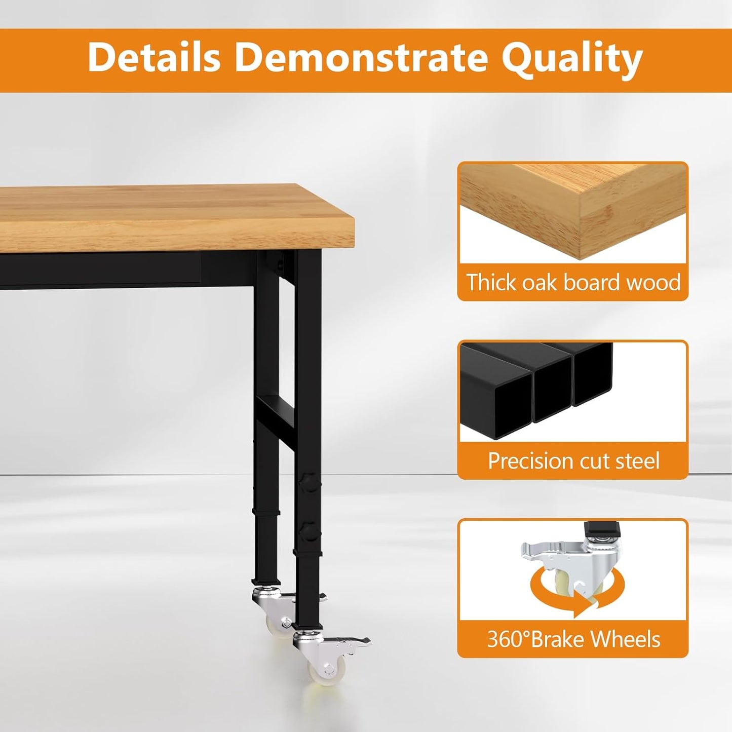 Solid Wood 48" Work Bench with Drawers, Adjustable Height Workbench with Wheels, Heavy-Duty Work Table with Power Outlets, 2000 LBS Capacity Workstation for Garage, Workshop(48" X 24")