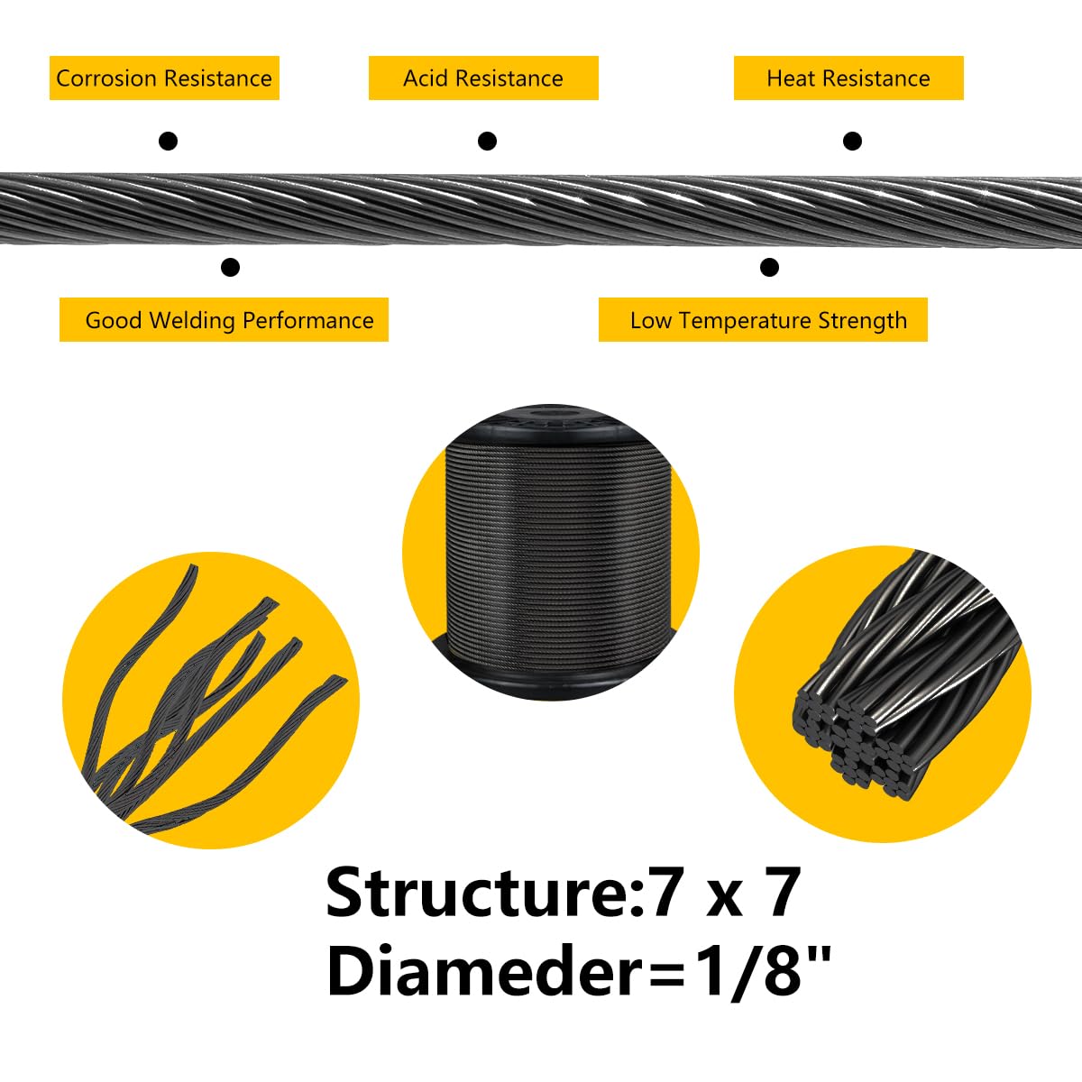 Black 325FT 1/8" T316 Stainless Steel Cable with Cutter, 7x7 Strands Aircraft Wire Rope for Deck Railing, Stair Handrail, Porch Fence, High Strength for Indoor and Outdoor Use