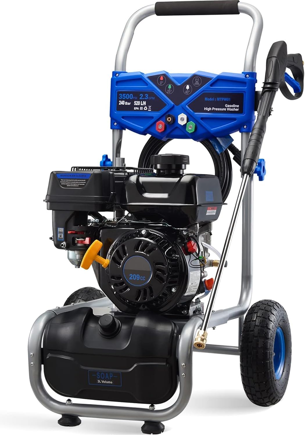 3500PSI Gas Pressure Washer, 2.3GPM Gas Powered High Pressure Washer with 209CC Engine, 4 Adjustable Nozzles, 25 ft High Pressure Hose for Cleaning Walls, Terraces, Vehicles, Garden (Blue)