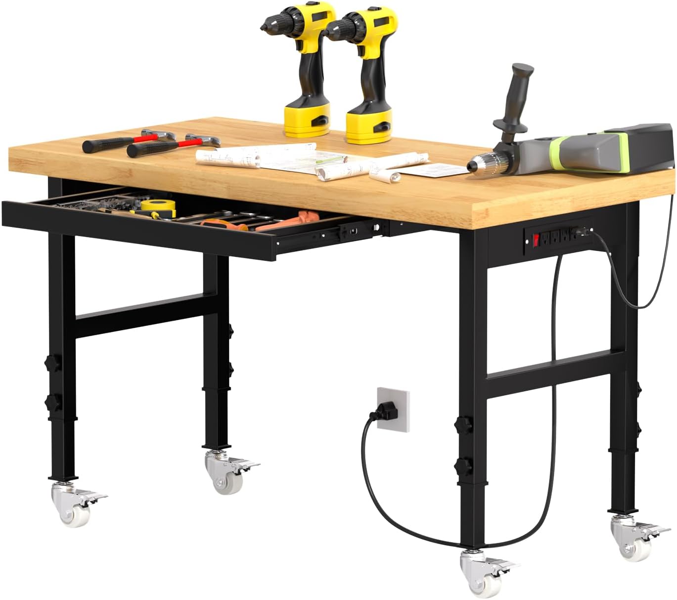 Solid Wood 48" Work Bench with Drawers, Adjustable Height Workbench with Wheels, Heavy-Duty Work Table with Power Outlets, 2000 LBS Capacity Workstation for Garage, Workshop(48" X 24")