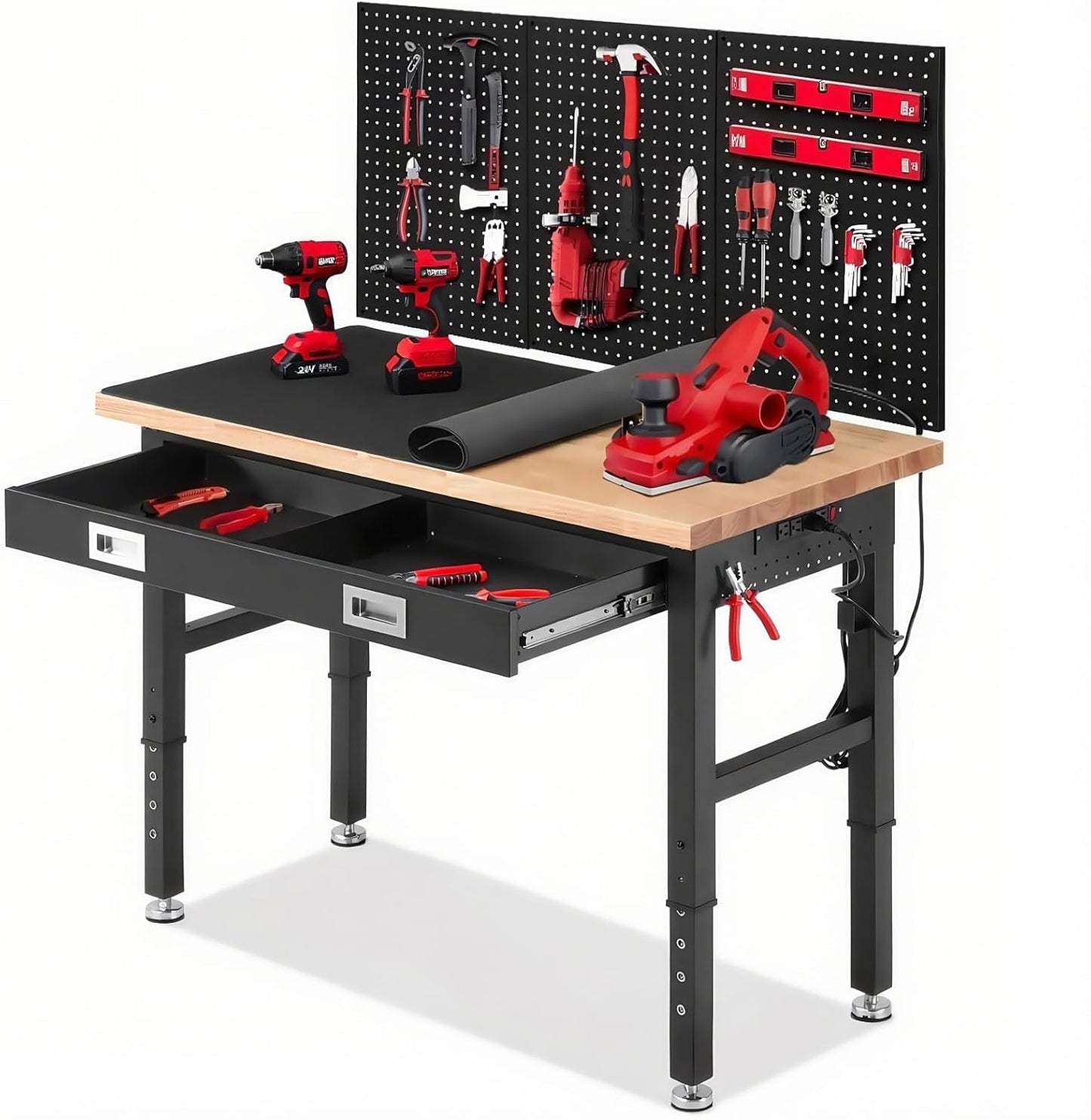 Work Bench for Garage 48 x 24 Inch Adjustable Height Workbenches with Drawers Heavy Duty Rubberwood Tabletop Work Table with Pegboard, Power Outlets for Office Home Commercial